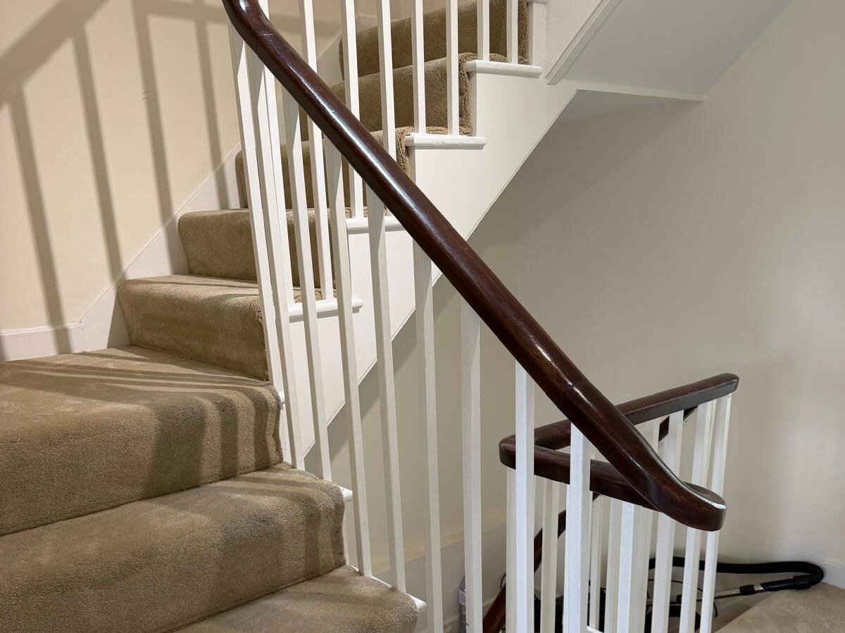 Silken Serenity Malt carpet on the staircase of a three-floor house in Hampstead NW3 by Carpet World London