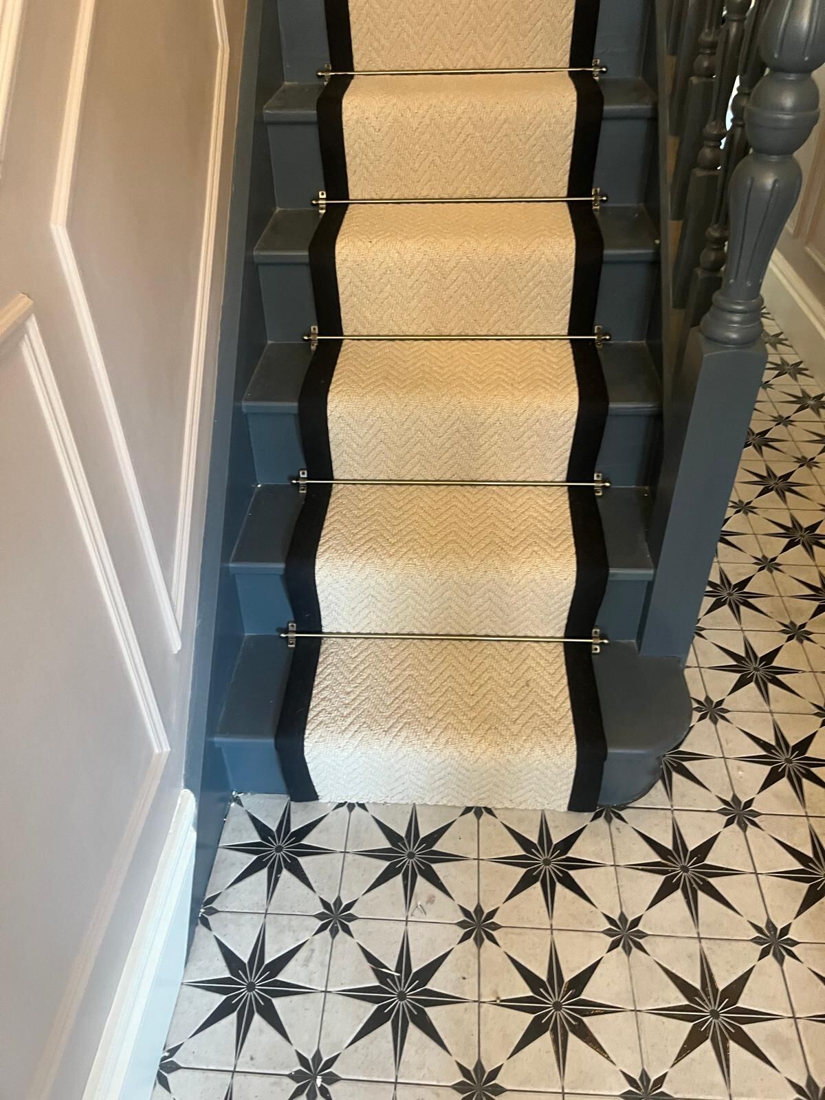 Textures Herringbone Cream stair runner starting from the hallway tiles in Walthamstow E17 by Carpet World London